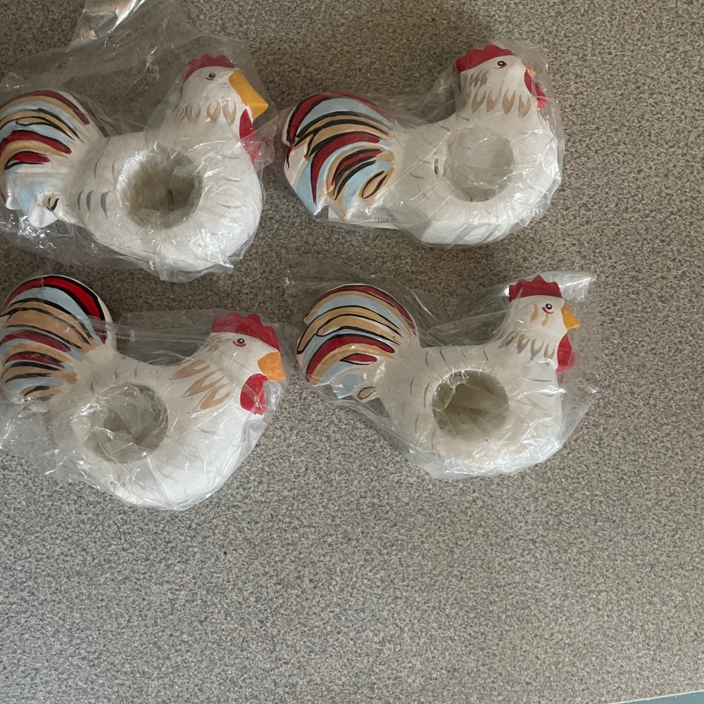 Set of‎ 4 Ceramic Chicken Rooster Napkin Rings Holders Country Farmhouse Decor